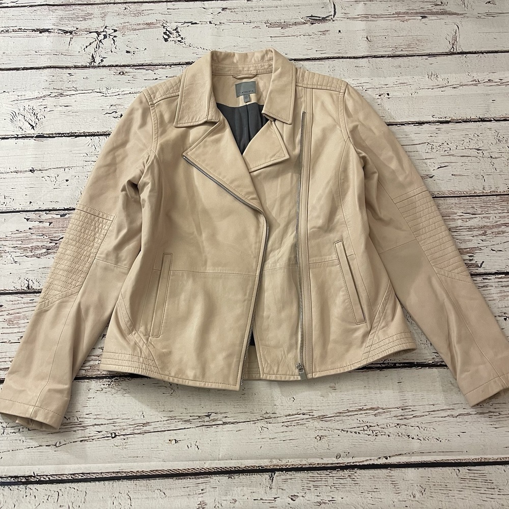 Athleta Leather Jacket In Cream Pale‎ Pink  Size Medium Moto Biker Women's